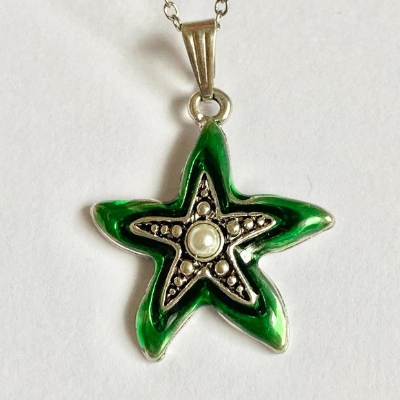 Starfish Necklace Choker Pearl Green Enamel 16-19" Chain Silver Plated Sea Life - Picture 6 of 8